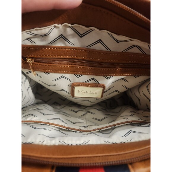 Mode Luxe Shoulder Bag Handbag Purse Brown Navy Red Stripe - Picture 4 of 6